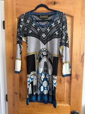 Custo Barcelona Black, Gray & Blue Graphic Pattern Dress